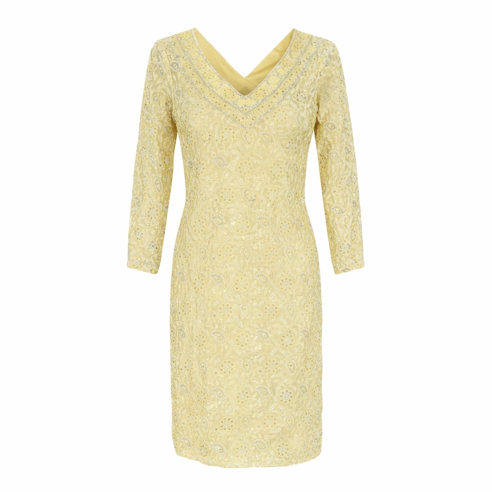 Yellow Embroidered Sequin Kurta Dress V-Neck Sheath Tunic Small